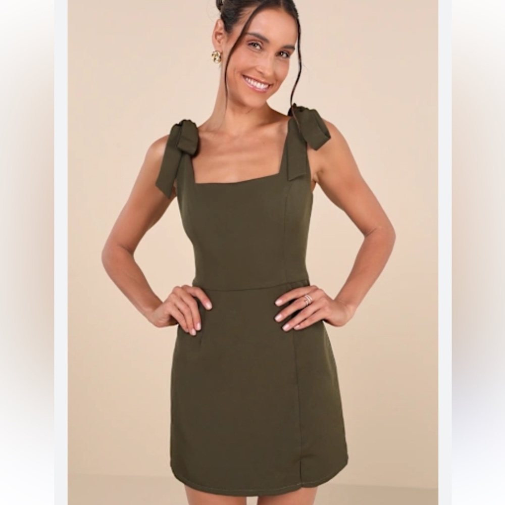 Lulu's Olive Tie-Shoulder Square-Neck Mini Dress